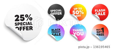 Discount sticker tag. Special offer paper price tags. 25 percent discount offer tag. Sale price promo sign. Special offer symbol. Discount, black friday sticker. Promo banner. Vector Discount sticker tag. Special offer paper price tags. 25 percent discount offer tag. Sale price promo sign. Special offer symbol. Discount, black friday sticker. Promo banner. Vector 136195465