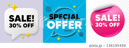 Sale speech bubble. 3d sparkles chat, Paper sticker. Sale 30 percent off discount. Promotion price offer sign. Retail badge symbol. Special offer bubble. Halftone dots pattern. Vector 136195489