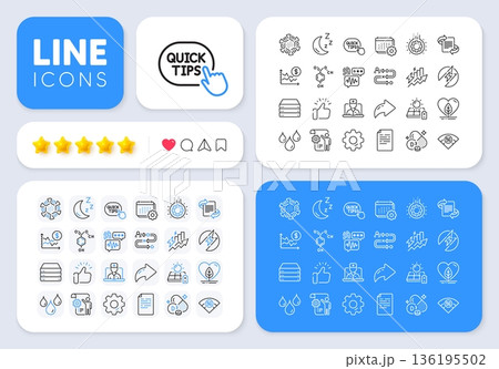 Document, Marketing and Gear line icons for web app. Message, Share, Like social media icons. Pack of Telemedicine, Coronavirus, Moon pictogram icons. Vector Document, Marketing and Gear line icons for web app. Message, Share, Like social media icons. Pack of Telemedicine, Coronavirus, Moon pictogram icons. Vector 136195502