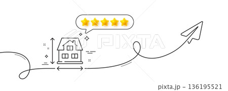 House dimension line icon. Continuous line with share plane. Building size sign. Architecture measurement symbol. Five star rate review in speech bubble. House dimension single line ribbon. Vector 136195521