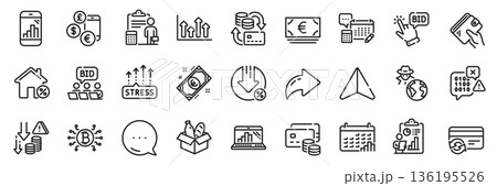 Change card, Loan house and Money line icons pack. Share, Message, Paper plane icons. Calendar graph, Report, Deflation web icon. Stress grows, Loan percent, Accounting pictogram. Vector 136195526