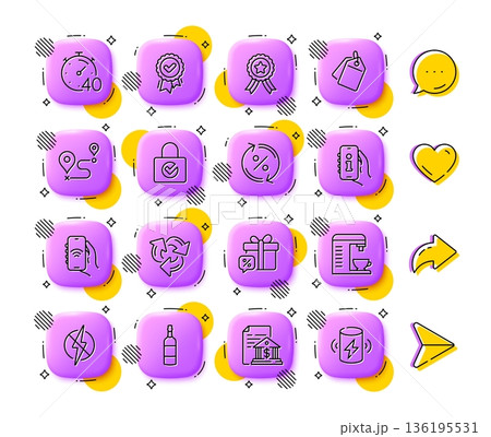 Timer, Brandy bottle and Journey line icons. App 3d buttons. Social media comment, share, like icons. Pack of Sale gift, Bank document, Internet app icon. Vector 136195531