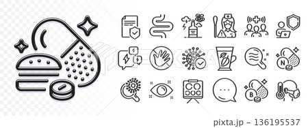 Medical staff, Vision board and Insurance policy line icons for web app. Glare of light effect. Message icon. Pack of Vitamin n, Alcohol addiction, Coronavirus research pictogram icons. Vector 136195537