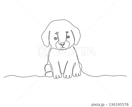 One line sitting puppy. Continuous drawing of pet animal. Linear sketch. Doodle illustration 136195576