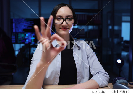 Confident woman showcasing positive gesture in a modern office during late hours with glowing screens in the background 136195650