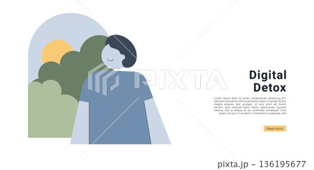 Digital Detox Concept. Digital detox banner with woman relaxing in nature scenery. Flat design illustration for unplugging, mindfulness, wellness, mental health and work-life balance concepts peaceful 136195677