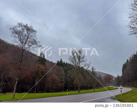 Esch-Sur-Sure, Wiltz, Grand Duche De Luxembourg, December 7, 2025, Damp roadway surrounded by 136195801