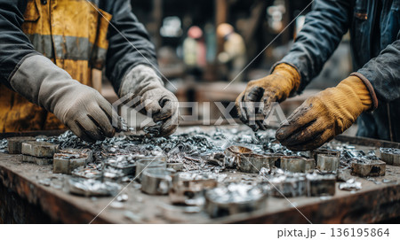 Industrial metal recycling process with workers sorting scrap steel parts in factory workshop Industrial metal recycling process with workers sorting scrap steel parts in factory workshop 136195864