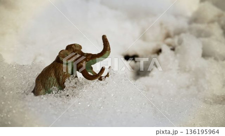 Woolly mammoth toy navigating snowy ice age landscape Woolly mammoth toy navigating snowy ice age landscape 136195964