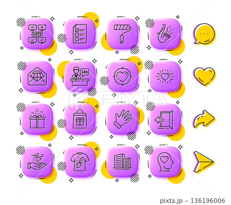 Holidays shopping, T-shirt design and Reception desk line icons. App 3d buttons. Social media comment, share, like icons. Pack of Online voting, Wind energy, Buildings icon. Vector Holidays shopping, T-shirt design and Reception desk line icons. App 3d buttons. Social media comment, share, like icons. Pack of Online voting, Wind energy, Buildings icon. Vector 136196006