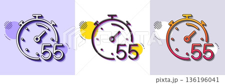 Timer 55 minutes line icon. Halftone dotted pattern. Gradient icon with grain shadow. Stopwatch time sign. Countdown clock symbol. Line timer icon. Various designs. Vector 136196041