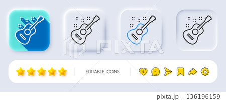 Acoustic guitar line icon. Neumorphic, Flat shadow, 3d buttons. Music sign. Musical instrument symbol. Line guitar icon. Social media icons. Vector Acoustic guitar line icon. Neumorphic, Flat shadow, 3d buttons. Music sign. Musical instrument symbol. Line guitar icon. Social media icons. Vector 136196159