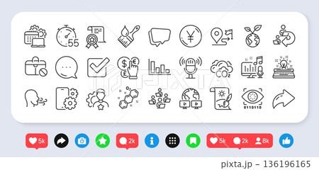 Brush, Journey and Jobless line icons pack. Social media: share, comment, like icons. Money currency, Brand, Save planet web icon. Phone service, Certificate, Breathing exercise pictogram. Vector 136196165