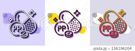 Vitamin PP line icon. Halftone dotted pattern. Gradient icon with grain shadow. Niacin food nutrient sign. Capsule or pill supplement symbol. Line niacin icon. Various designs. Vector 136196204