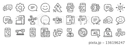Message sms and Communication icons. Settings gear, Message, Inflation icons. Group chat, Conversation and Speech bubbles icons. SMS communication, Phone chat and Stop talking symbols. Vector 136196247