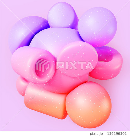 Colorful abstract 3d composition - bold geometric shapes with vibrant gradient and white dot texture. Soft plastic curve shapes on pastel background. Modern minimal poster design. 3D illustration 136196301