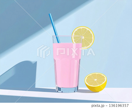 Modern aesthetics. Summer drink in glass with straw. Cold lemonade. Modern minimalist style. Modern aesthetics. Summer drink in glass with straw. Cold lemonade. Modern minimalist style. 136196357