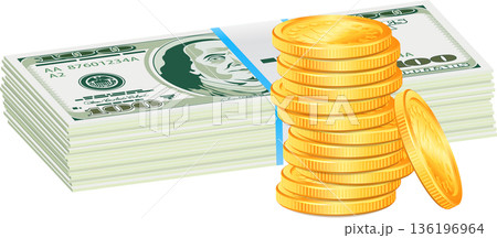 Stack of Dollar and Gold Coins Stack of Dollar and Gold Coins 136196964