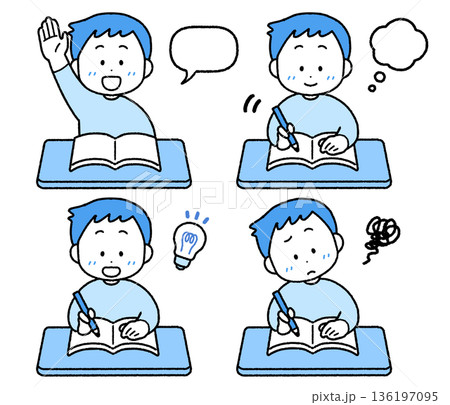 勉強するこども(男の子)のイラストセット｜使いやすいシンプルカラー 136197095