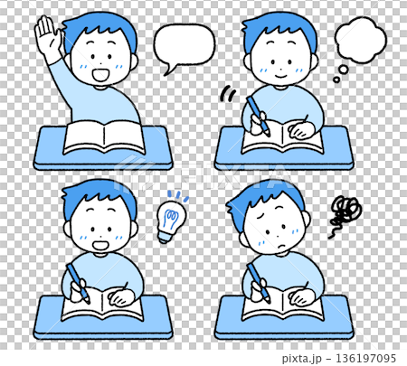 勉強するこども(男の子)のイラストセット｜使いやすいシンプルカラー 136197095