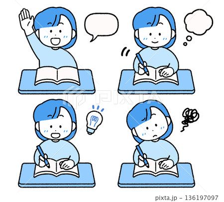勉強するこども(女の子)のイラストセット｜使いやすいシンプルカラー 136197097