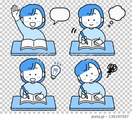 勉強するこども(女の子)のイラストセット｜使いやすいシンプルカラー 136197097