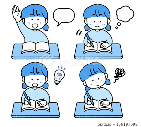勉強するこども(女の子)のイラストセット|使いやすいシンプルカラー 勉強するこども(女の子)のイラストセット|使いやすいシンプルカラー 136197098