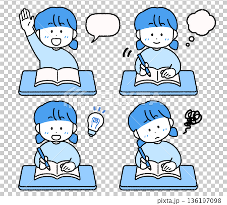 勉強するこども(女の子)のイラストセット|使いやすいシンプルカラー 勉強するこども(女の子)のイラストセット|使いやすいシンプルカラー 136197098