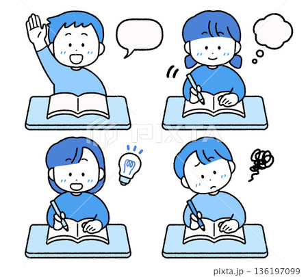 勉強する子供たちのイラストセット｜使いやすいシンプルカラー 136197099