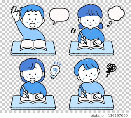 勉強する子供たちのイラストセット｜使いやすいシンプルカラー 136197099