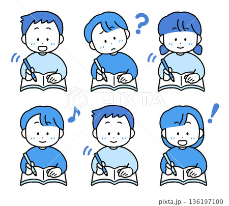勉強する子供たちのイラストセット｜単色・シンプルカラー 136197100