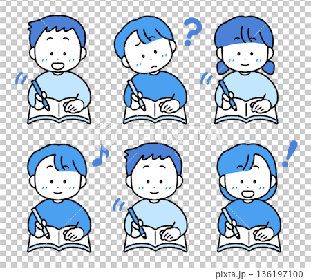 勉強する子供たちのイラストセット｜単色・シンプルカラー 136197100