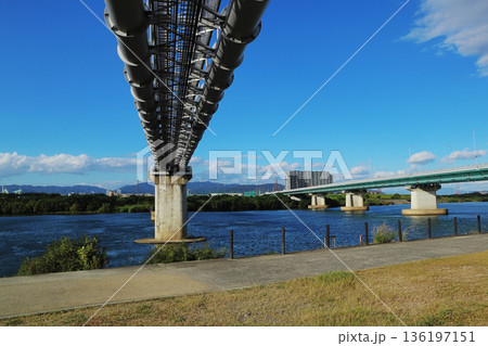 淀川に架かる枚方水管橋と枚方大橋 淀川に架かる枚方水管橋と枚方大橋 136197151