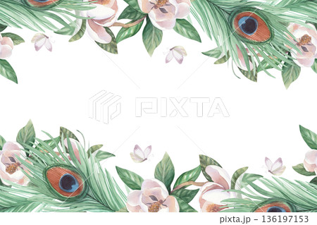Frame of peacock feathers, butterfly and branch of blooming magnolia. Handmade watercolor illustration. For cards, cover, wallpaper, prints, product labels and fabric. 136197153