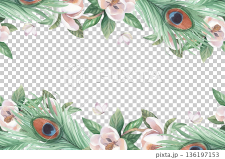 Frame of peacock feathers, butterfly and branch of blooming magnolia. Handmade watercolor illustration. For cards, cover, wallpaper, prints, product labels and fabric. 136197153