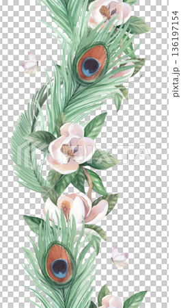 Vertical seamless border of peacock feathers, butterfly and branch of blooming magnolia. Handmade watercolor illustration. For cards, cover, wallpaper, prints, product labels and fabric. Vertical seamless border of peacock feathers, butterfly and branch of blooming magnolia. Handmade watercolor illustration. For cards, cover, wallpaper, prints, product labels and fabric. 136197154