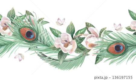 Seamless border of peacock feathers, butterfly and branch of blooming magnolia. Handmade watercolor illustration. For cards, cover, wallpaper, prints, product labels and fabric. Seamless border of peacock feathers, butterfly and branch of blooming magnolia. Handmade watercolor illustration. For cards, cover, wallpaper, prints, product labels and fabric. 136197155