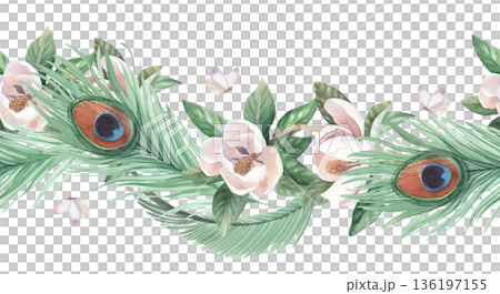 Seamless border of peacock feathers, butterfly and branch of blooming magnolia. Handmade watercolor illustration. For cards, cover, wallpaper, prints, product labels and fabric. 136197155