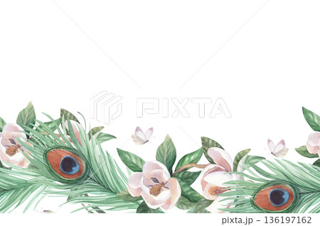 Horizontal seamless border of peacock feathers, butterfly and branch of blooming magnolia. Handmade watercolor illustration. For cards, cover, wallpaper, prints, product labels and fabric. Horizontal seamless border of peacock feathers, butterfly and branch of blooming magnolia. Handmade watercolor illustration. For cards, cover, wallpaper, prints, product labels and fabric. 136197162