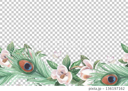 Horizontal seamless border of peacock feathers, butterfly and branch of blooming magnolia. Handmade watercolor illustration. For cards, cover, wallpaper, prints, product labels and fabric. 136197162