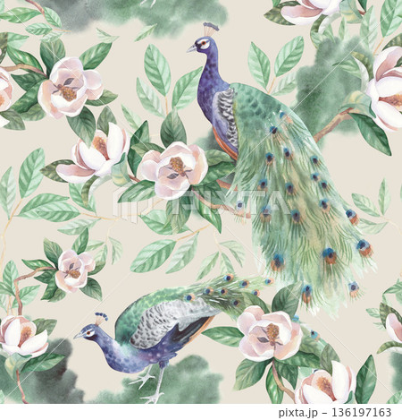 Seamless pattern of magnolia and peacocks on a beige color background. Handmade watercolor illustration. For cards, cover, wallpaper, prints, product labels and fabric. 136197163