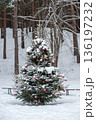 Christmas tree was decorated with Christmas tree decorations in a snowy forest 136197232