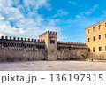 View of the ancient medieval walls of Vitoria-Gasteiz, featuring stone battlements and a central 136197315