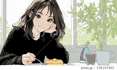 早朝のダイナー（喫茶店）でパンケーキ（モーニングセット）を食べる若い女性