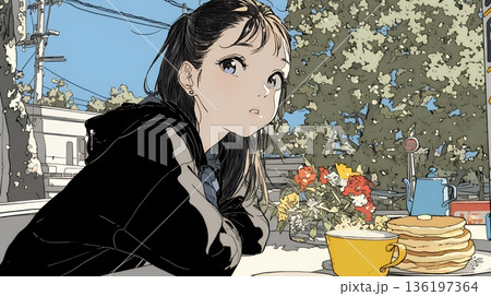 早朝のダイナー（喫茶店）でパンケーキ（モーニングセット）を食べる若い女性