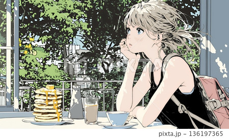 早朝のダイナー（喫茶店）でパンケーキ（モーニングセット）を食べる若い女性