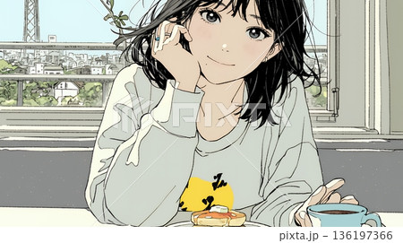 早朝のダイナー（喫茶店）でパンケーキ（モーニングセット）を食べる若い女性