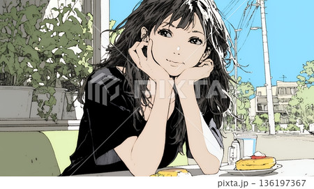 早朝のダイナー（喫茶店）でパンケーキ（モーニングセット）を食べる若い女性