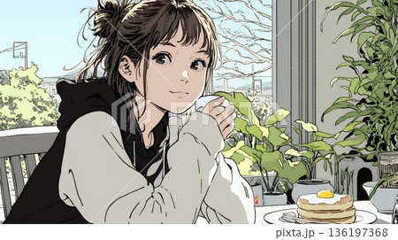 早朝のダイナー（喫茶店）でパンケーキ（モーニングセット）を食べる若い女性