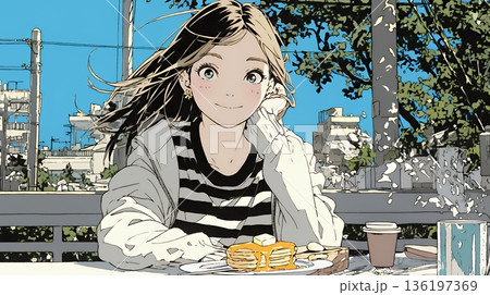 早朝のダイナー（喫茶店）でパンケーキ（モーニングセット）を食べる若い女性